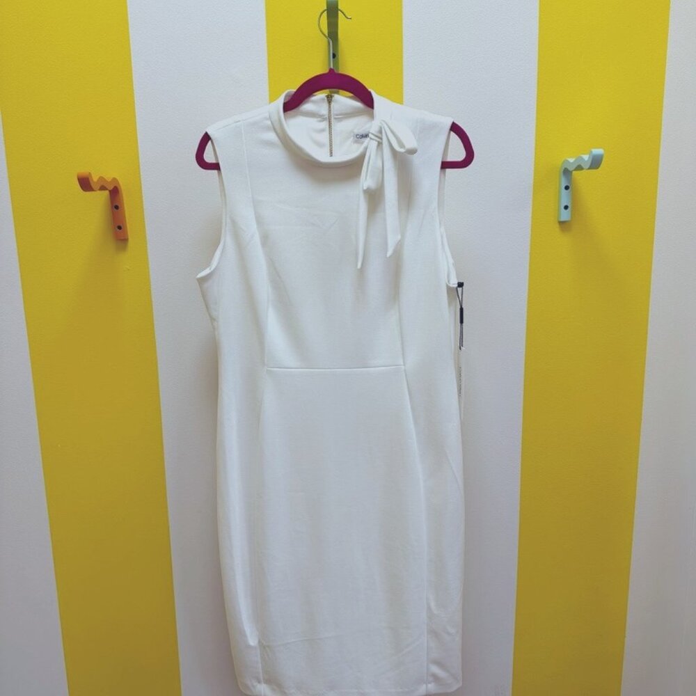 White Sleeveless Calvin Klein Pencil Dress with Tie Neck NWT